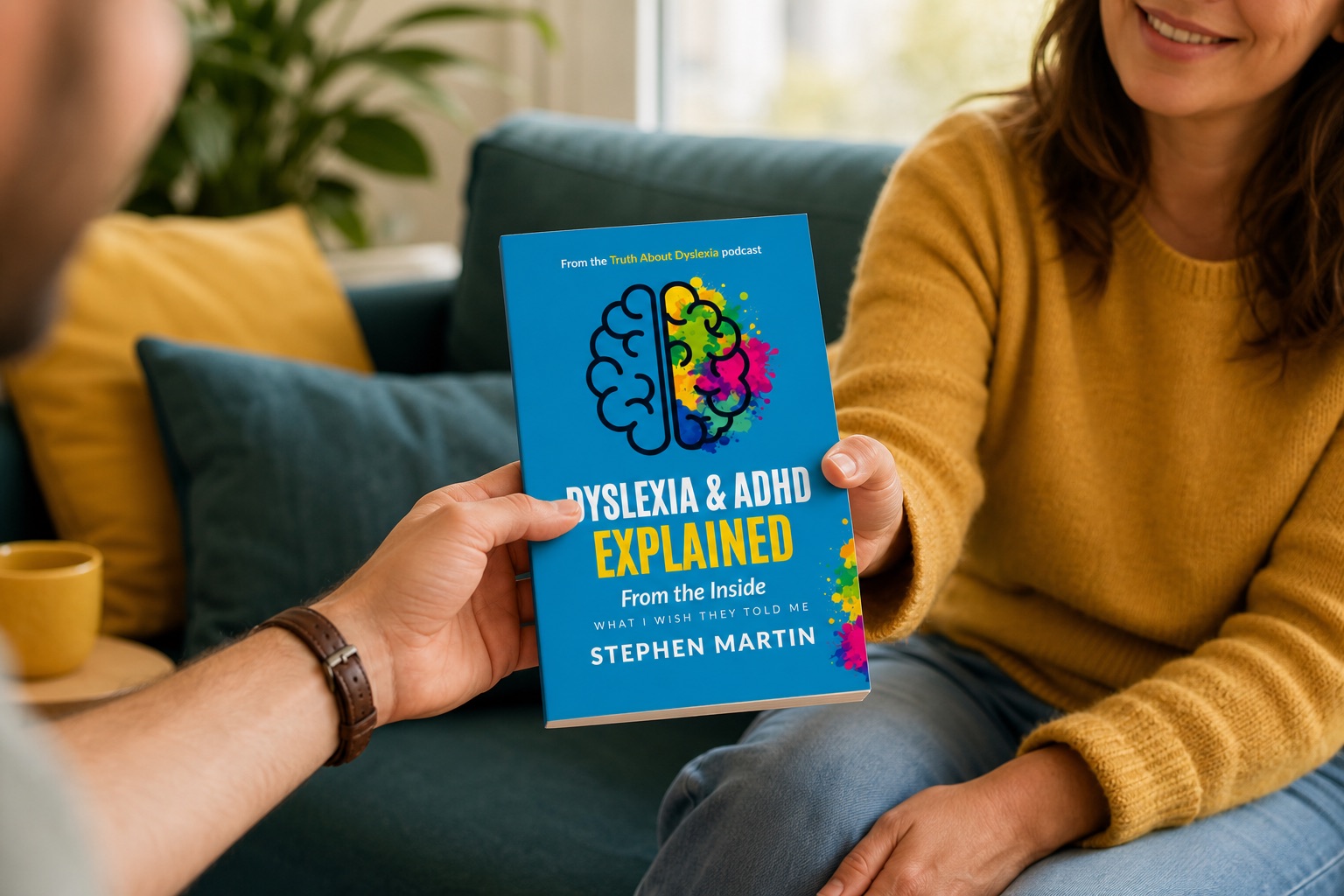 An adult sharing Dyslexia and ADHD Explained From The Inside with their partner