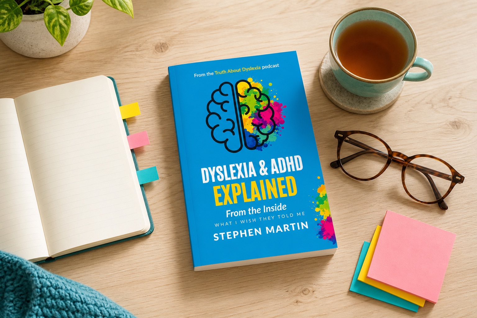 Dyslexia and ADHD Explained From The Inside beside a notebook, reading glasses and tea