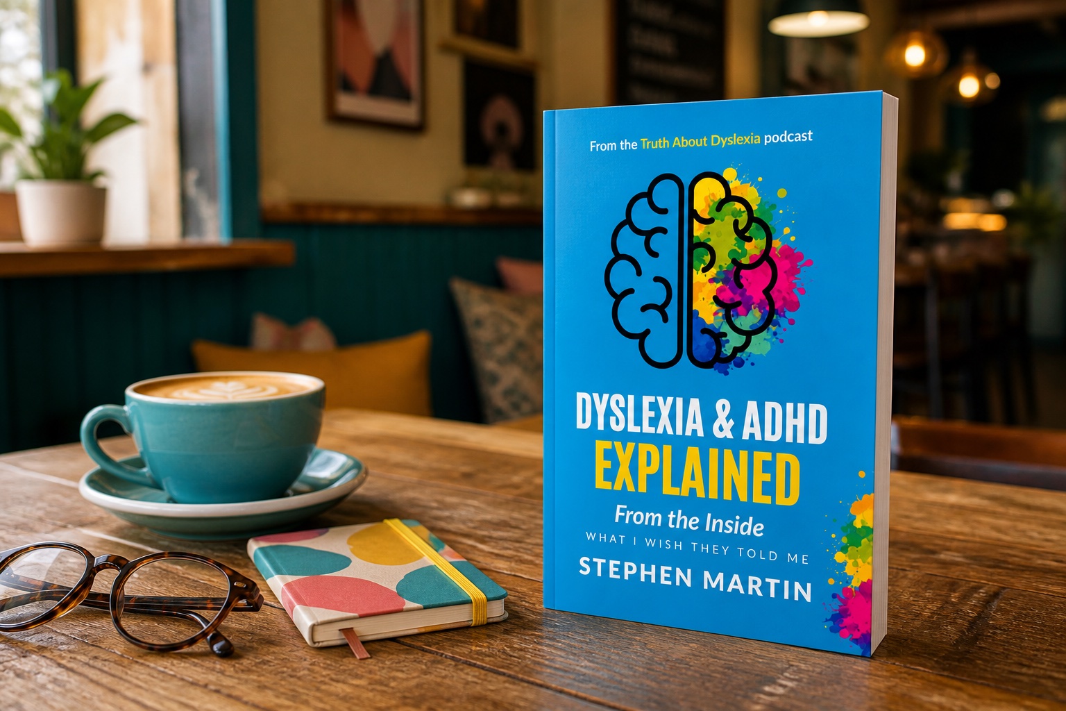 Dyslexia and ADHD Explained From The Inside by Stephen Martin on a table in a colourful independent coffee shop