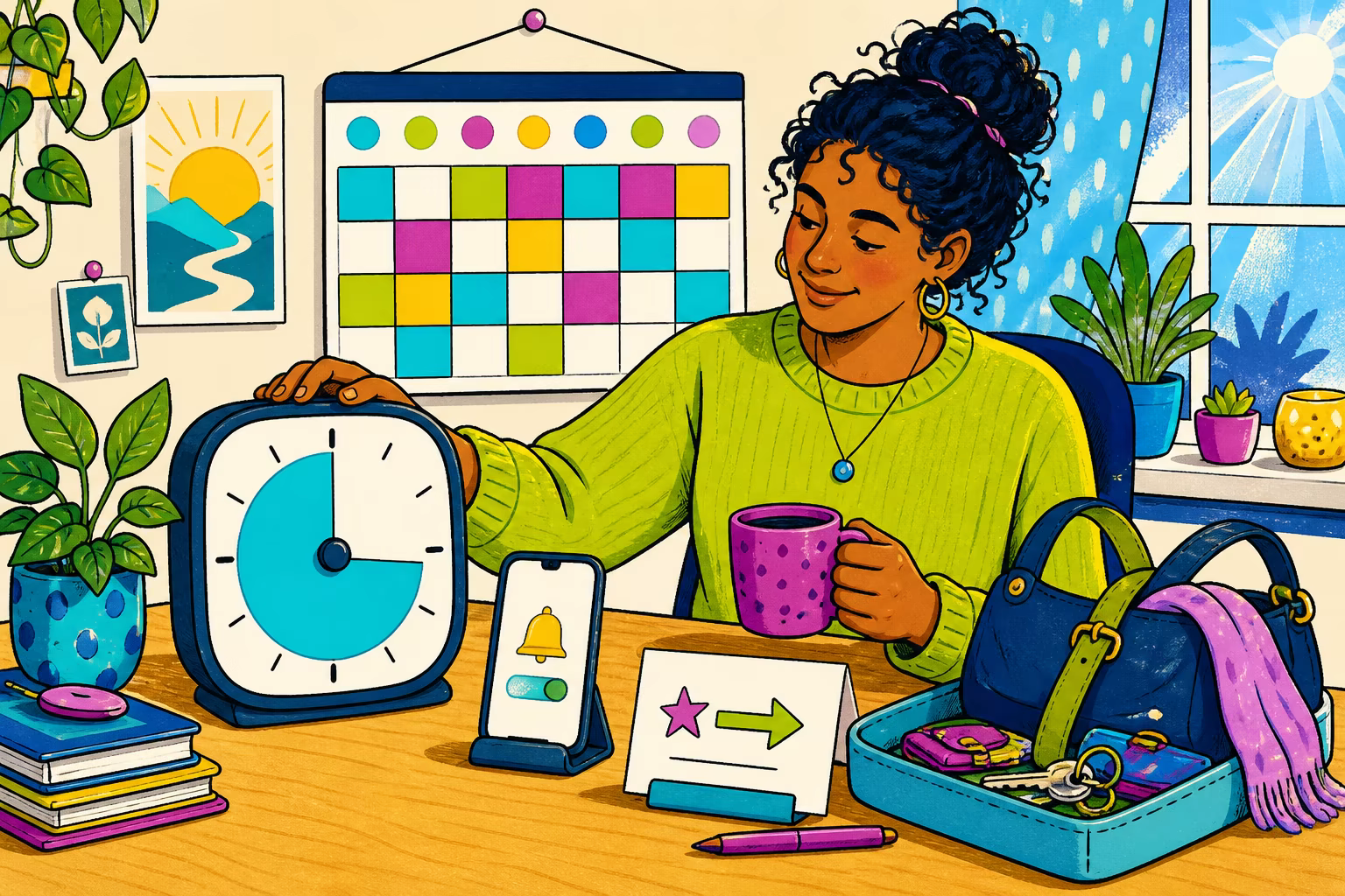 Illustration of an adult using a visual timer, calendar, reminder and organised launch pad to make time easier to see