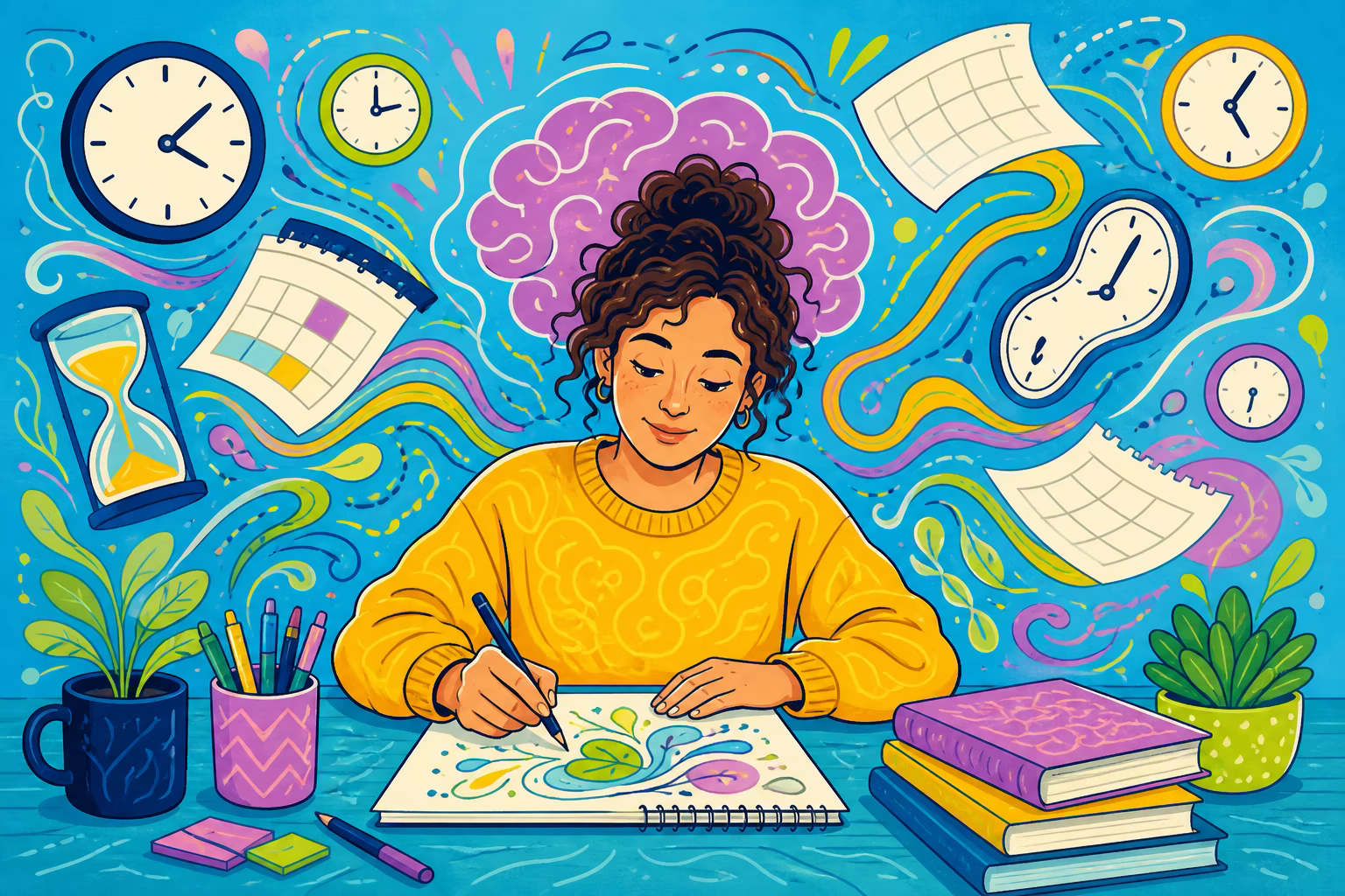 Illustration of an adult focused on a task while clocks, calendars and flowing pathways show time passing differently