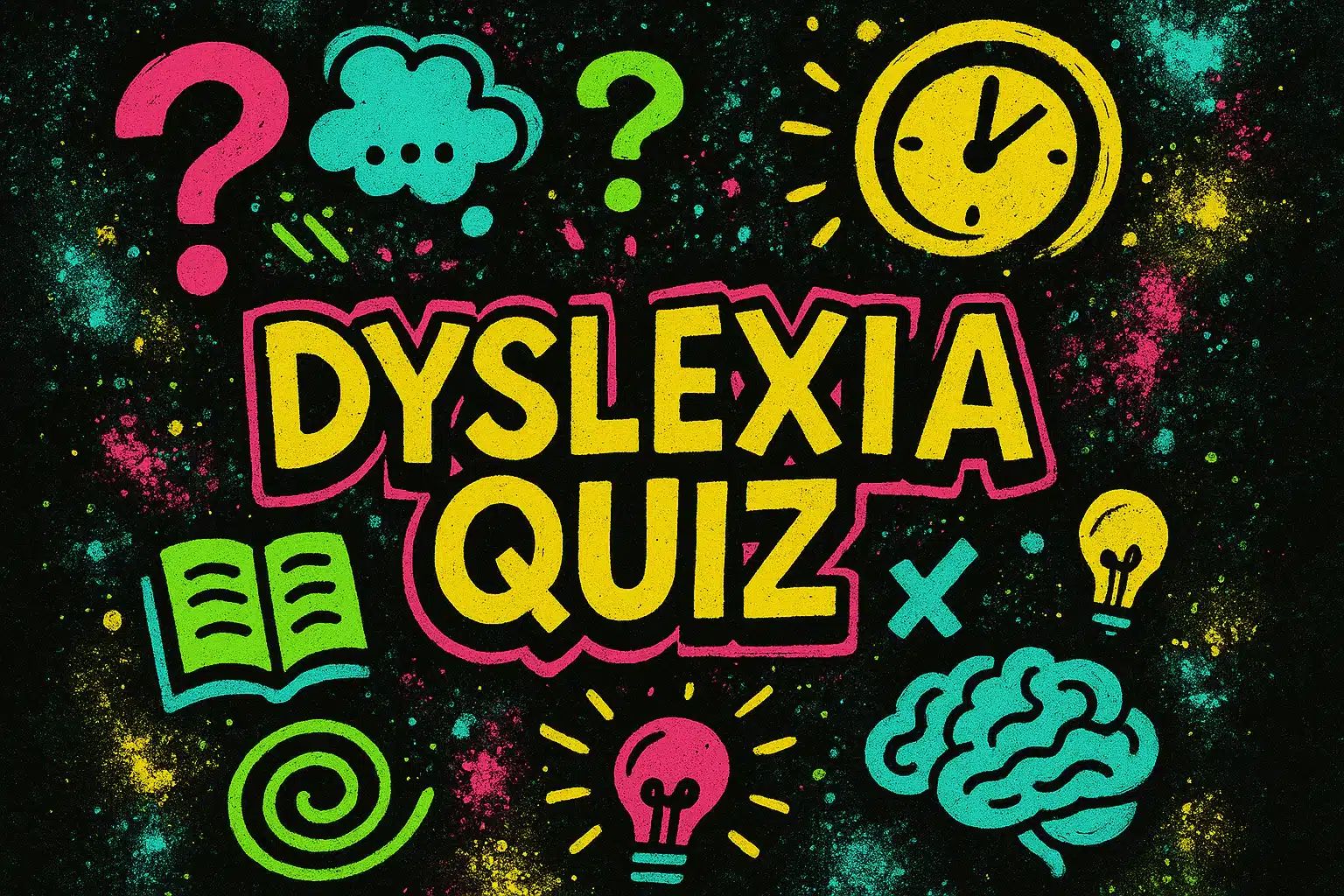 Colourful adult dyslexia quiz illustration with questions, a clock, a book and a brain